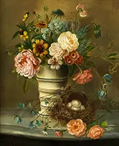 Flowers in Vase Next to Birds Nest By Henriette Ronner Knip