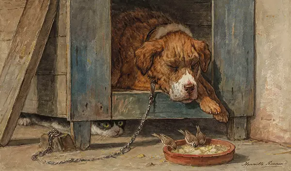Cat Spies on Birds Near a Sleeping Dog By Henriette Ronner Knip