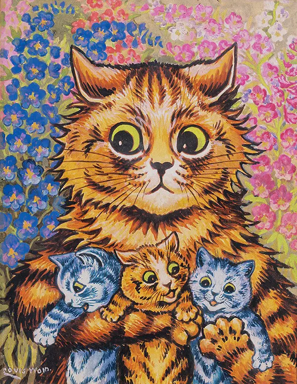 A Cat with Her Kittens By Louis Wain