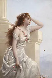 A Young Beauty with a Wreath of Roses By Edouard Bisson