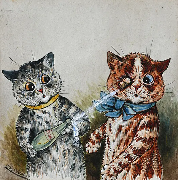 Cat Opens Champagne By Louis Wain