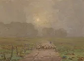Shepherd Herding Sheep in a Misty Landscape By Granville Redmond
