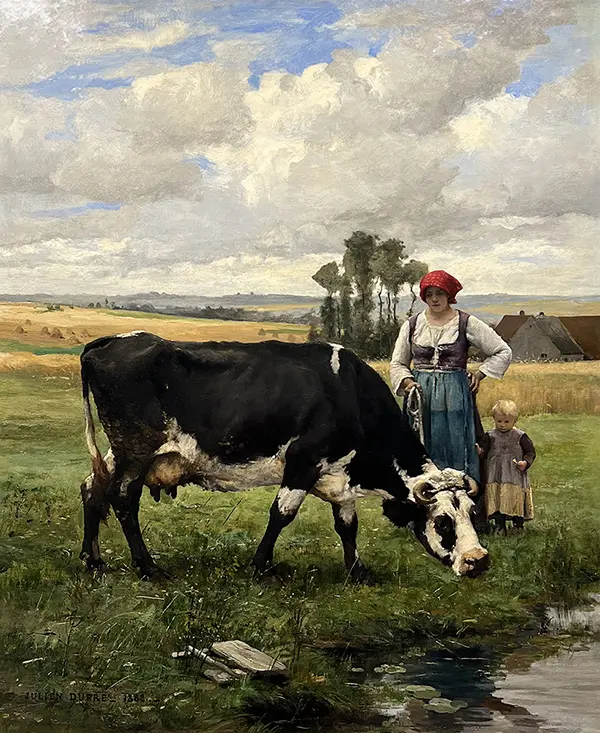 Woman and Child Leading a Cow By Julien Dupre