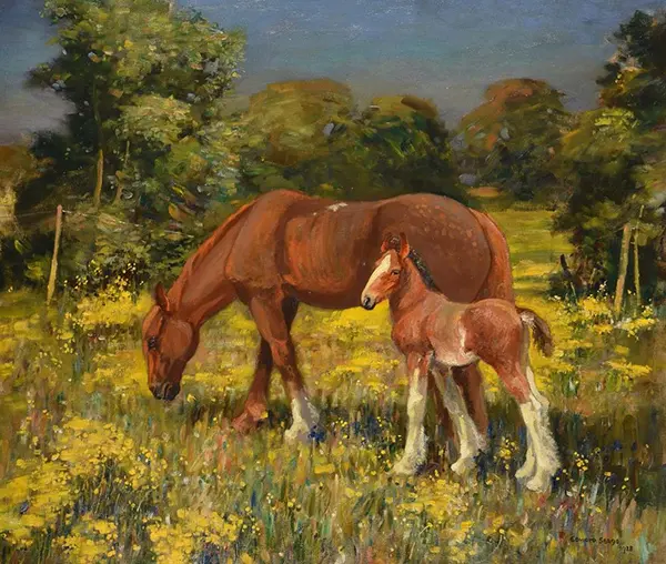 Horses in a Norfolk Landscape By Edward Seago