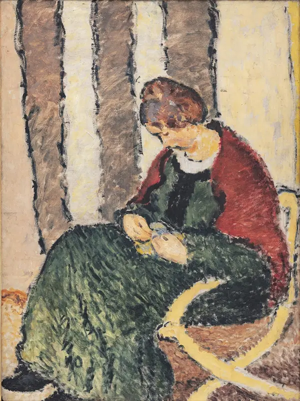 The Artist's Sister Anna Giersing Wearing a Red Shawl By Harald Giersing