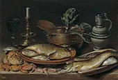 Still Life with Fish Candle Artichokes Crabs and Shrimp 1611 By Clara Peeters
