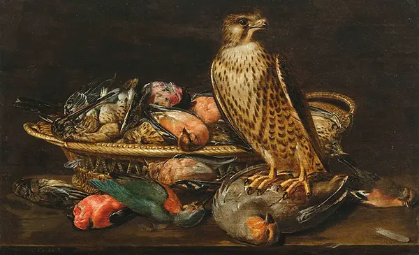 Still Life with a Peregrine Falcon and Birds By Clara Peeters