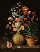 Roses Lilies an Iris and other Flowers in an Earthenware Vase By Clara Peeters