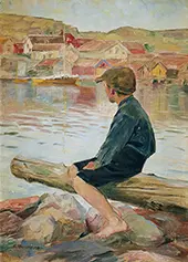 West Coast Boy Sitting on Log Looking Out Over Fishing Village By Carl Wilhelmson