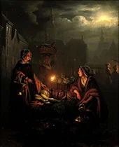 A busy Night Market with a Vegetable Stall By Petrus van Schendel