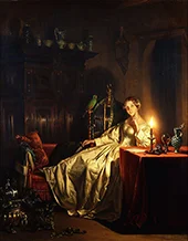 A Candlelit Interior with a Lady Seated at a Table By Petrus van Schendel