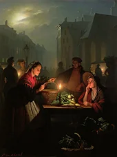 A Vegetable Stall at Night By Petrus van Schendel