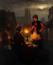 Nocturnal Market Scene with Vegetable Farmer by Candlelight By Petrus van Schendel