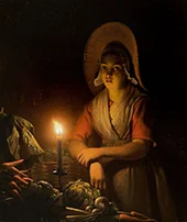 Vegetable Seller by Candle Light By Petrus van Schendel