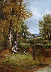 Landscape of Figures Fishing by a River Lock By Robert John Hammond