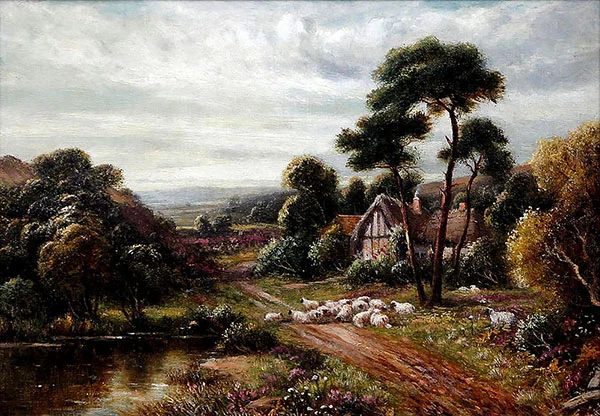 Sheep before a Cottage on a Country Part By Robert John Hammond