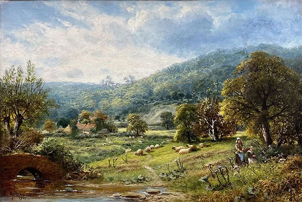 Valley Landscape with Figures Sheep and Cottages By Robert John Hammond