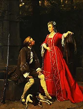 A Lady and Gentleman in Period Dress with a Hunting Dog at Their Feet By Auguste Serrure