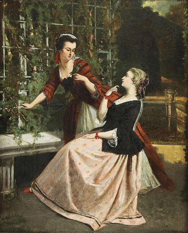 Two Ladies in Conversation Whilst Seated in a Bower One Holding a Green Parrot By Auguste Serrure