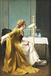 Young Woman with Parrot By Auguste Serrure