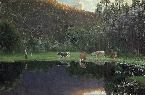 Cows and Sheds by the Pond By Christian Skredsvig