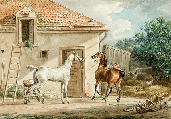 Horses in Front of a Stable 1824 By Albrecht Adam