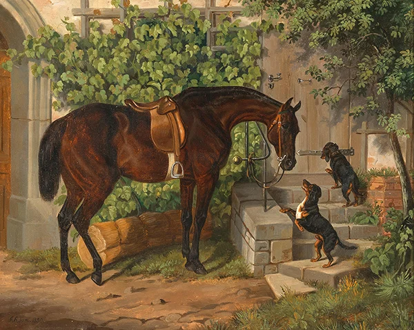 A Saddled Bay Horse and Curious Dachshunds 1850 By Albrecht Adam