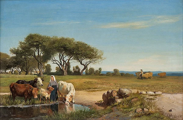 Landscape with Shepherd Girl and Cows By Christian Skredsvig