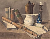 Still Life with Books Flute and Jug By Georg Scholz