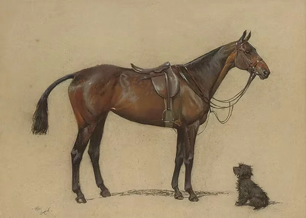 A Saddled Bay Hunter and a Terrier Companion By Cecil Aldin