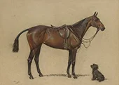 A Saddled Bay Hunter and a Terrier Companion By Cecil Aldin