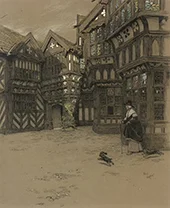 A Servant and her Dogs Waiting Outside Moreton Old Hall By Cecil Aldin