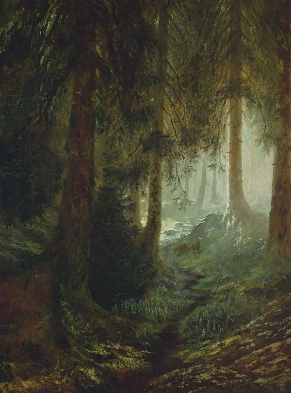 Deer in a Forest Landscape By Gustave Dore