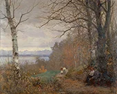 A Wooded Lake Landscape with Figures Seated on a Bench By Anders Andersen-Lundby