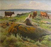 Boy with Cows on a Meadow 1915 By Hans Ole Brasen