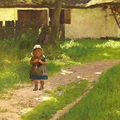 Girl Holding a Doll in Front of a Farm 1886 By Hans Ole Brasen