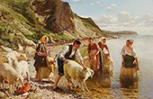 Women and a Young Man Watching Sheep at Refsnes By Hans Ole Brasen