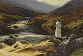 A Young Woman Fishing in a Highland Stream By Joseph Farquharson
