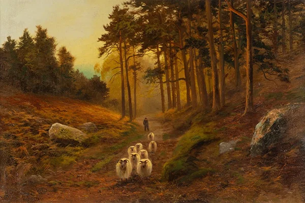 Sheep on Wooded Path By Joseph Farquharson