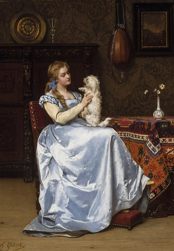 Young Woman with a Dog By Antonio Gisbert