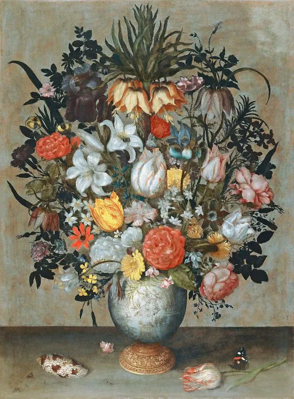 Chinese Vase with Flowers Shell and Insects By Ambrosius Bosschaert