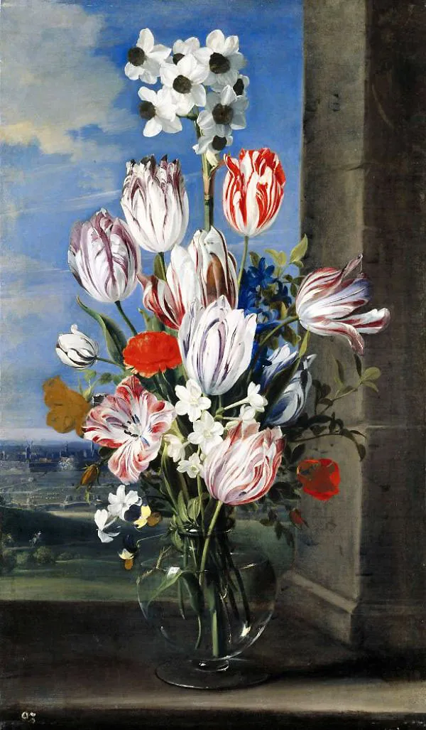 Flowers in a Vase with the Siege of Gravelingen By Ambrosius Bosschaert
