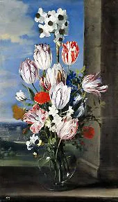 Flowers in a Vase with the Siege of Gravelingen By Ambrosius Bosschaert
