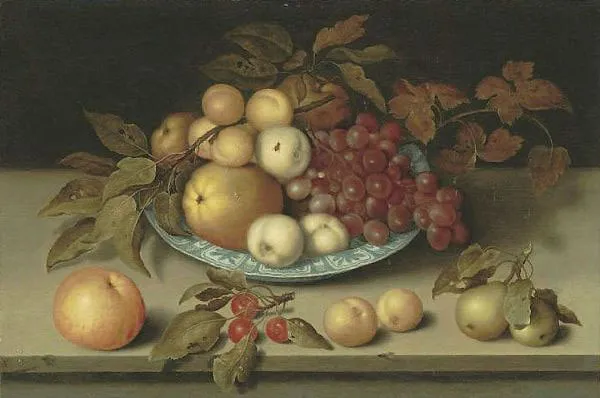 Peaches Apples Apricots and Grapes in a Wan Li Bowl By Ambrosius Bosschaert