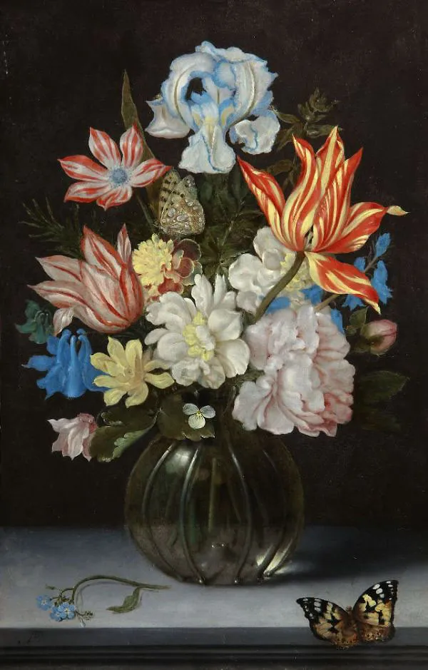 Still Life of Striped Tulips and Other Flowers in a Globular Glass Vase By Ambrosius Bosschaert