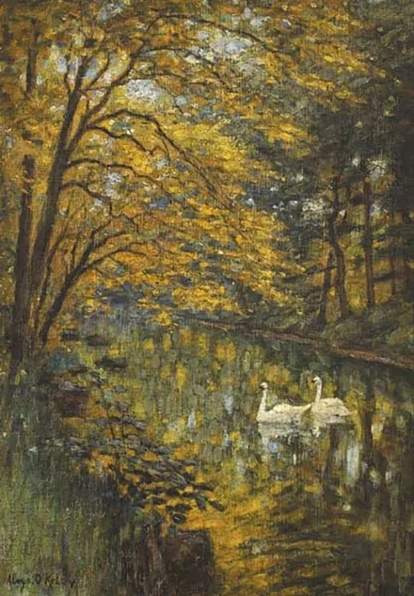Swans on River By Aloysius O'Kelly