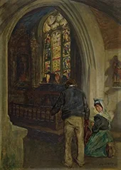Breton Church Interior with Figures By Aloysius O'Kelly