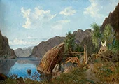 Fjord Landscape with Man and Boat 1851 By Morten Muller