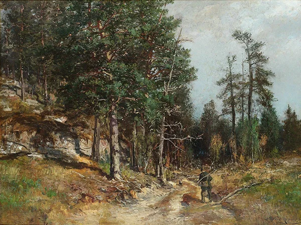 Forest Landscape with Hunter and Dogs 1891 By Morten Muller