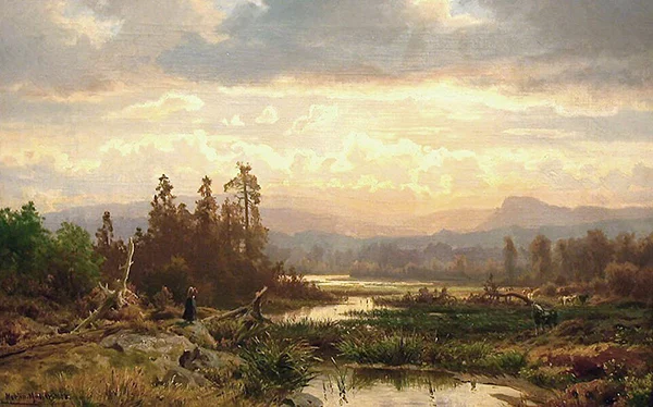 Milkmaid with Cows by the Water 1868 By Morten Muller